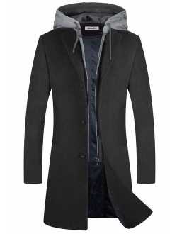 Men's Wool Coat Winter Trench Top Long Pea Coat Woolen Blend Silm Fit with Hooded Single Breasted Business Suits