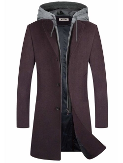 Men's Wool Coat Winter Trench Top Long Pea Coat Woolen Blend Silm Fit with Hooded Single Breasted Business Suits