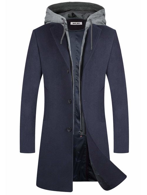 Men's Wool Coat Winter Trench Top Long Pea Coat Woolen Blend Silm Fit with Hooded Single Breasted Business Suits