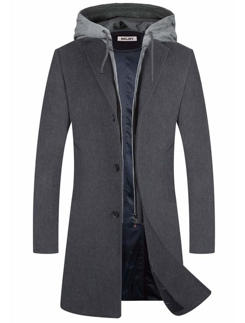 Men's Wool Coat Winter Trench Top Long Pea Coat Woolen Blend Silm Fit with Hooded Single Breasted Business Suits