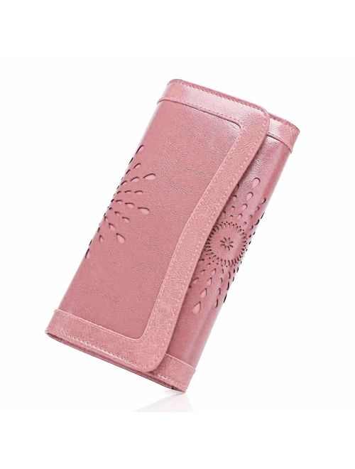 OURBAG Women Leather Wallet Clutch Purse Card Holder Ladies Hollow Out Long Wallet