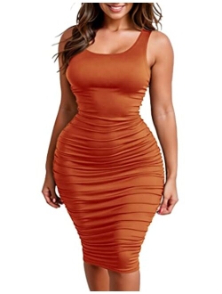 Zeagoo Ruched Bodycon Dress for Women, Midi Stretchy Sleeveless Tank Dress S-XXL