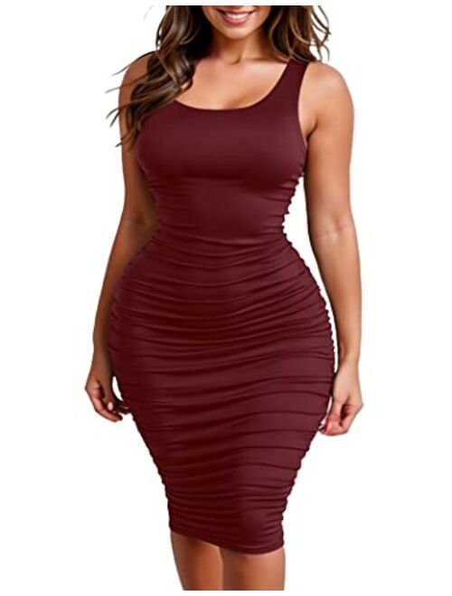 Zeagoo Ruched Bodycon Dress for Women, Midi Stretchy Sleeveless Tank Dress S-XXL