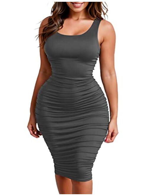 Zeagoo Ruched Bodycon Dress for Women, Midi Stretchy Sleeveless Tank Dress S-XXL