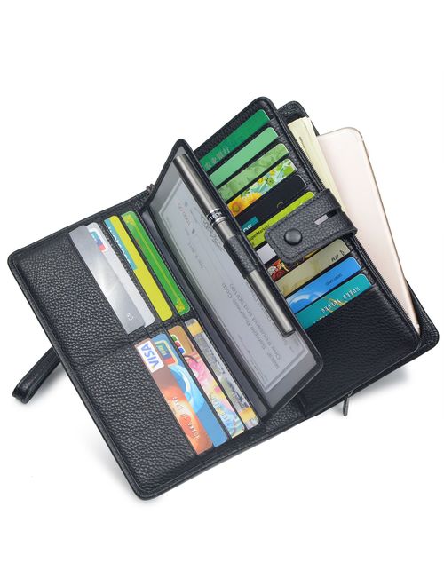 Women's Big Fat Rfid Leather Wristlet Wallet Organizer Large Phone Checkbook Holder with Zipper Pocket