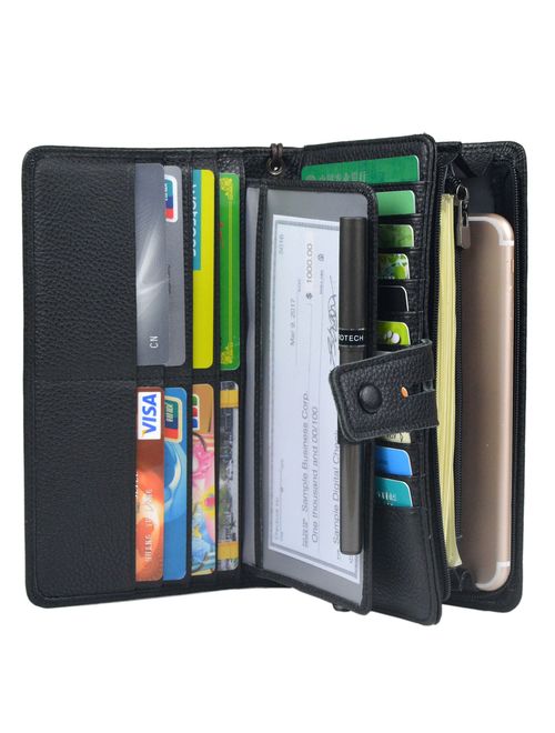 Women's Big Fat Rfid Leather Wristlet Wallet Organizer Large Phone Checkbook Holder with Zipper Pocket