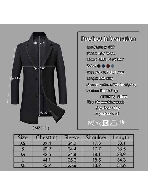 Men's Trench Coat Wool Blend Slim Fit Jacket Single Breasted Business Top Coat FSSSTF