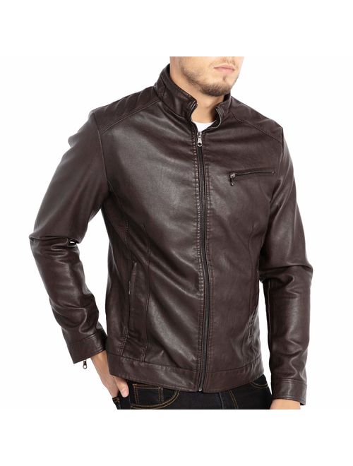 WULFUL Men's Stand Collar Leather Jacket Motorcycle Lightweight Faux Leather Outwear