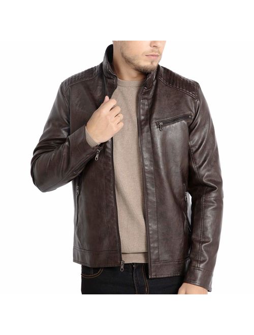 WULFUL Men's Stand Collar Leather Jacket Motorcycle Lightweight Faux Leather Outwear