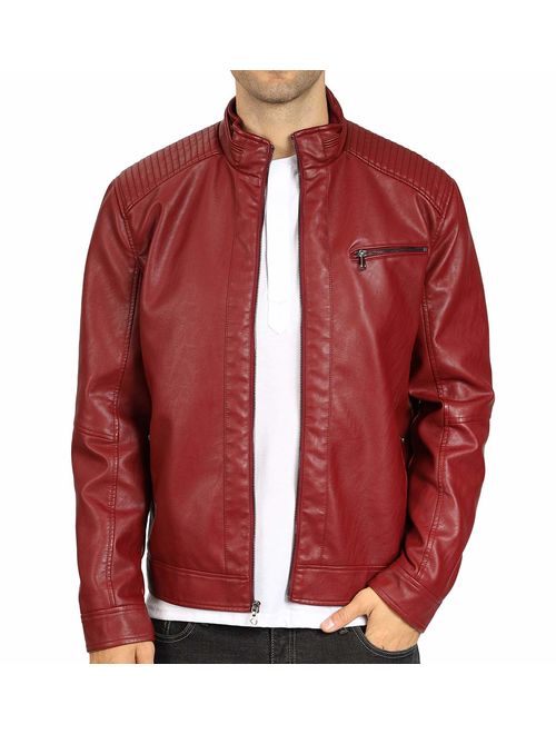 WULFUL Men's Stand Collar Leather Jacket Motorcycle Lightweight Faux Leather Outwear