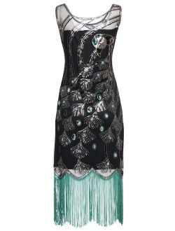 BABEYOND 20's Vintage Peacock Sequin Embellished Fringed Party Flapper Dress