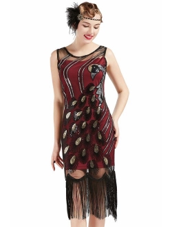 BABEYOND 20's Vintage Peacock Sequin Embellished Fringed Party Flapper Dress