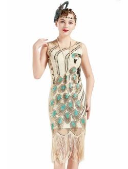 BABEYOND 20's Vintage Peacock Sequin Embellished Fringed Party Flapper Dress