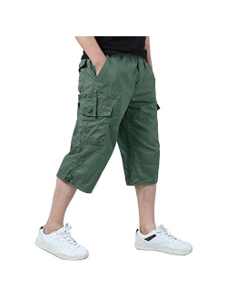 EKLENTSON Men's Casual Twill Elastic Cargo Shorts Below Knee Loose Fit Multi-Pocket Capri Long Shorts