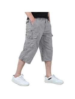 EKLENTSON Men's Casual Twill Elastic Cargo Shorts Below Knee Loose Fit Multi-Pocket Capri Long Shorts