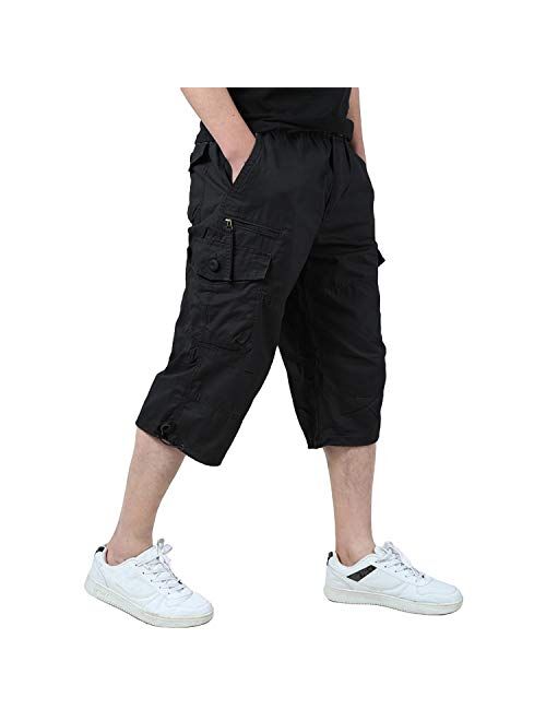 EKLENTSON Men's Casual Twill Elastic Cargo Shorts Below Knee Loose Fit Multi-Pocket Capri Long Shorts