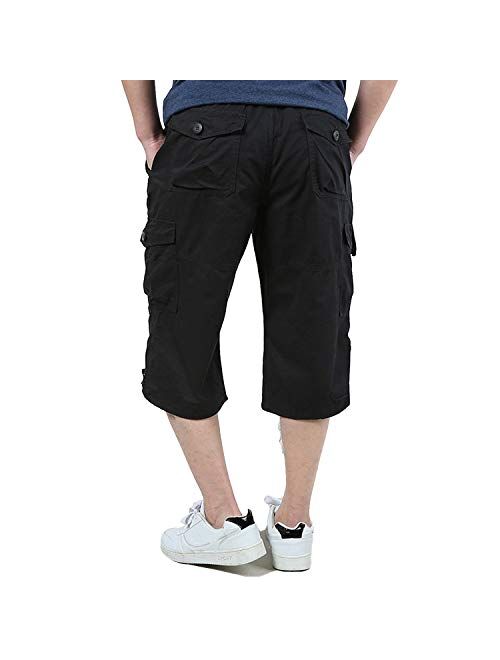 EKLENTSON Men's Casual Twill Elastic Cargo Shorts Below Knee Loose Fit Multi-Pocket Capri Long Shorts