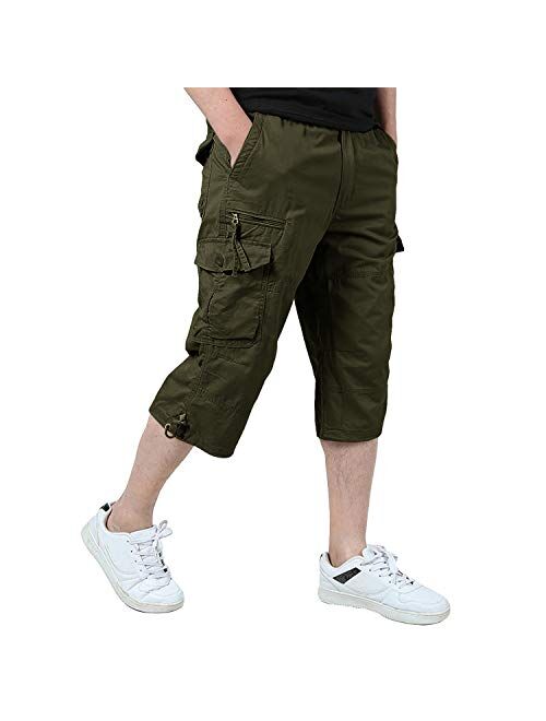 EKLENTSON Men's Casual Twill Elastic Cargo Shorts Below Knee Loose Fit Multi-Pocket Capri Long Shorts