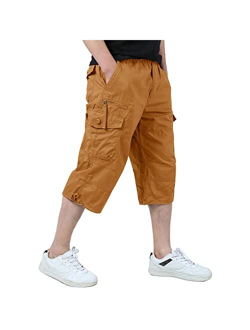 EKLENTSON Men's Casual Twill Elastic Cargo Shorts Below Knee Loose Fit Multi-Pocket Capri Long Shorts