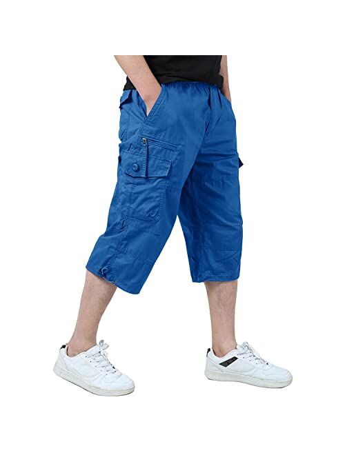 EKLENTSON Men's Casual Twill Elastic Cargo Shorts Below Knee Loose Fit Multi-Pocket Capri Long Shorts