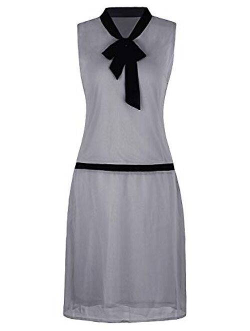 VIJIV Womens 1920s Midi Flapper Dress V Neck Grey Bow Roaring 20s Great Gatsby Dress