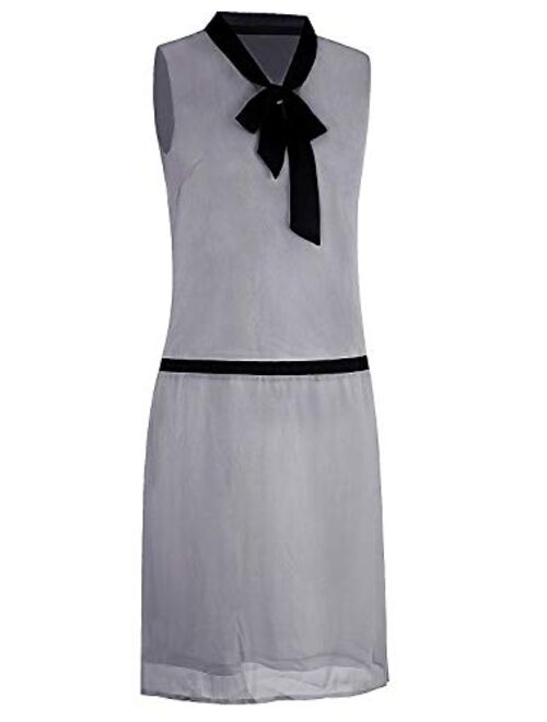 VIJIV Womens 1920s Midi Flapper Dress V Neck Grey Bow Roaring 20s Great Gatsby Dress