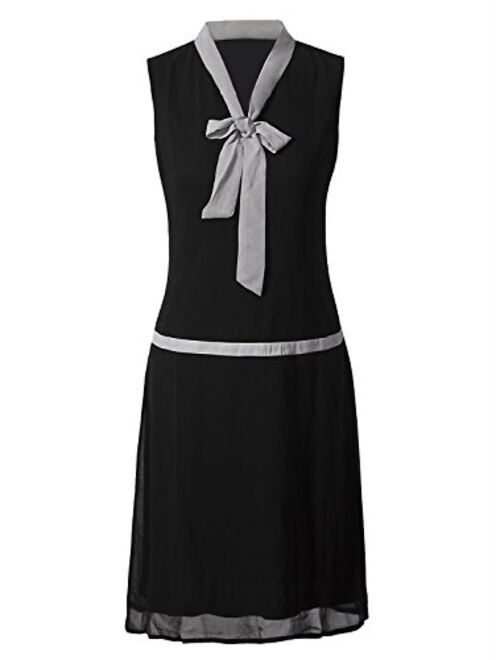 VIJIV Womens 1920s Midi Flapper Dress V Neck Grey Bow Roaring 20s Great Gatsby Dress