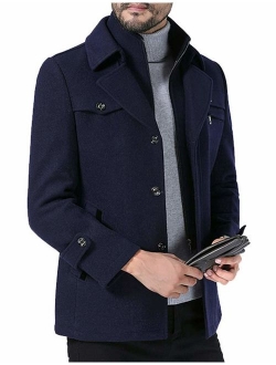 ZENTHACE Men's Winter Solid Single Breasted Thicken Warm Wool Blend Pea Coat