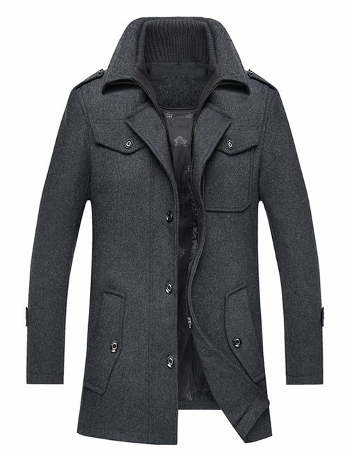 ZENTHACE Men's Winter Solid Single Breasted Thicken Warm Wool Blend Pea Coat