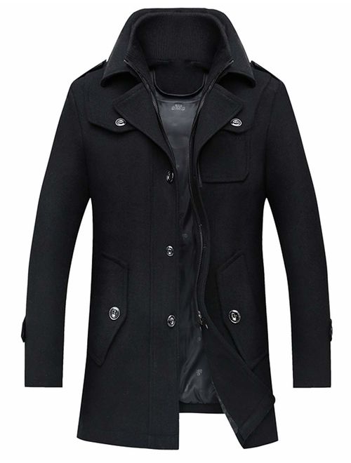 ZENTHACE Men's Winter Solid Single Breasted Thicken Warm Wool Blend Pea Coat