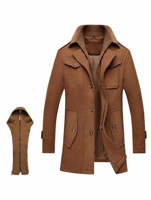 ZENTHACE Men's Winter Solid Single Breasted Thicken Warm Wool Blend Pea Coat