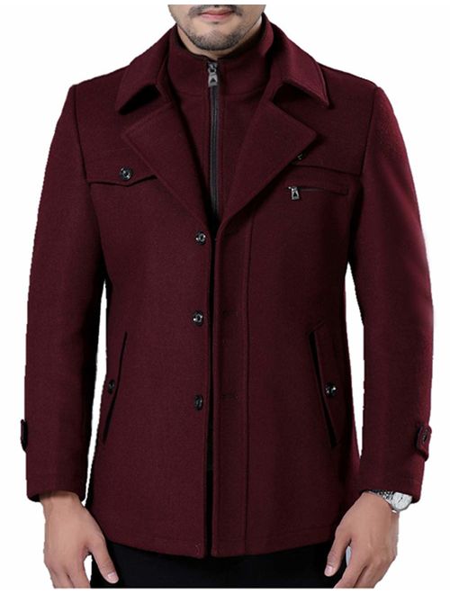 ZENTHACE Men's Winter Solid Single Breasted Thicken Warm Wool Blend Pea Coat