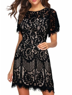 MSLG Women's Elegant Round Neck Short Sleeves V-Back Floral Lace Cocktail Party A Line Dress 910