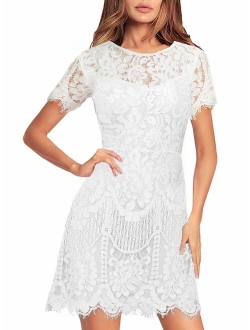 MSLG Women's Elegant Round Neck Short Sleeves V-Back Floral Lace Cocktail Party A Line Dress 910