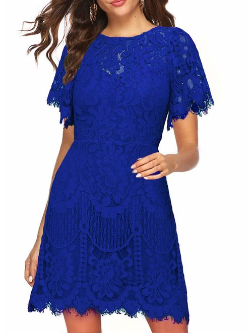 MSLG Women's Elegant Round Neck Short Sleeves V-Back Floral Lace Cocktail Party A Line Dress 910