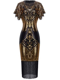 FAIRY COUPLE 1920s Knee Length Flapper Party Cocktail Dress with Sequined Embellished Cap Sleeve Layer Tassels Hem