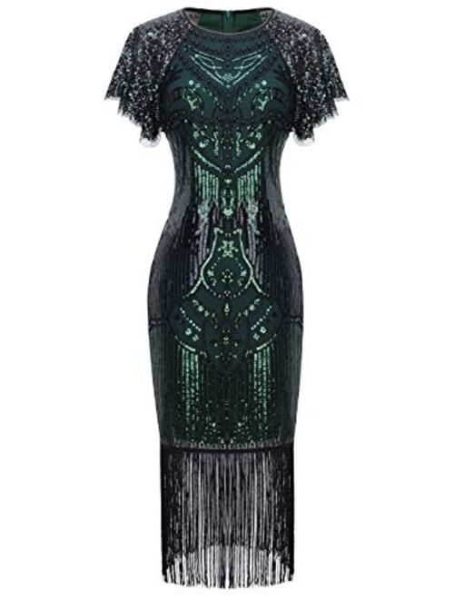 FAIRY COUPLE 1920s Knee Length Flapper Party Cocktail Dress with Sequined Embellished Cap Sleeve Layer Tassels Hem