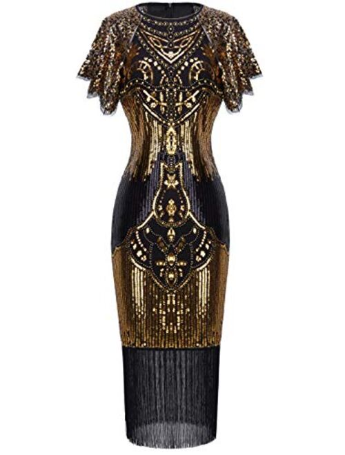 FAIRY COUPLE 1920s Knee Length Flapper Party Cocktail Dress with Sequined Embellished Cap Sleeve Layer Tassels Hem