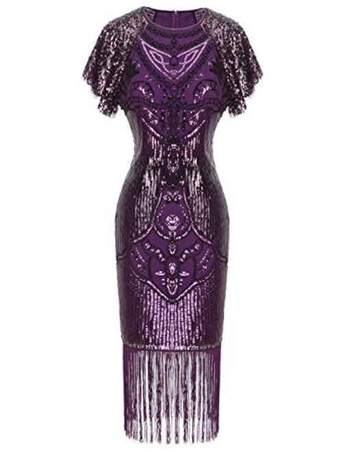 FAIRY COUPLE 1920s Knee Length Flapper Party Cocktail Dress with Sequined Embellished Cap Sleeve Layer Tassels Hem