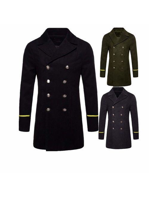 mebake Winter Men's Slim Woolen Coat Double Breasted Turn Down Thicken Windbreaker Coats