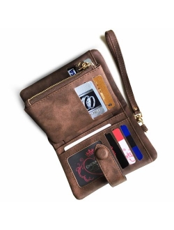 Women's Small Bifold Leather wallet Rfid blocking Ladies Wristlet with Card holder id window Coin Purse