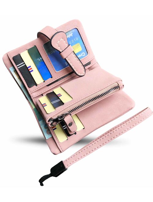 Women's Small Bifold Leather wallet Rfid blocking Ladies Wristlet with Card holder id window Coin Purse