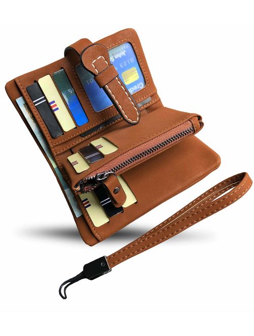 Women's Small Bifold Leather wallet Rfid blocking Ladies Wristlet with Card holder id window Coin Purse