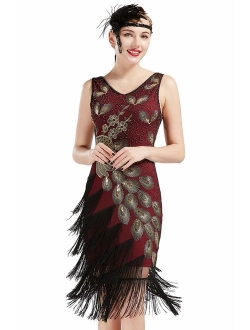 BABEYOND 1920s Vintage Peacock Sequined Dress Gatsby Fringed Flapper Embellished Dress Roaring 20s Party Dress