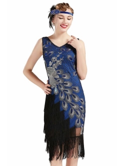 BABEYOND 1920s Vintage Peacock Sequined Dress Gatsby Fringed Flapper Embellished Dress Roaring 20s Party Dress