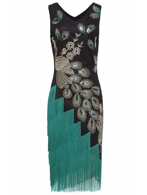 BABEYOND 1920s Vintage Peacock Sequined Dress Gatsby Fringed Flapper Embellished Dress Roaring 20s Party Dress