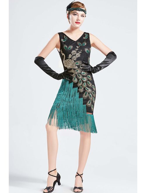 BABEYOND 1920s Vintage Peacock Sequined Dress Gatsby Fringed Flapper Embellished Dress Roaring 20s Party Dress