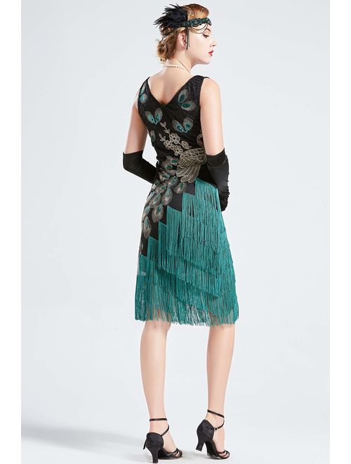 BABEYOND 1920s Vintage Peacock Sequined Dress Gatsby Fringed Flapper Embellished Dress Roaring 20s Party Dress