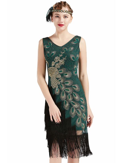 BABEYOND 1920s Vintage Peacock Sequined Dress Gatsby Fringed Flapper Embellished Dress Roaring 20s Party Dress