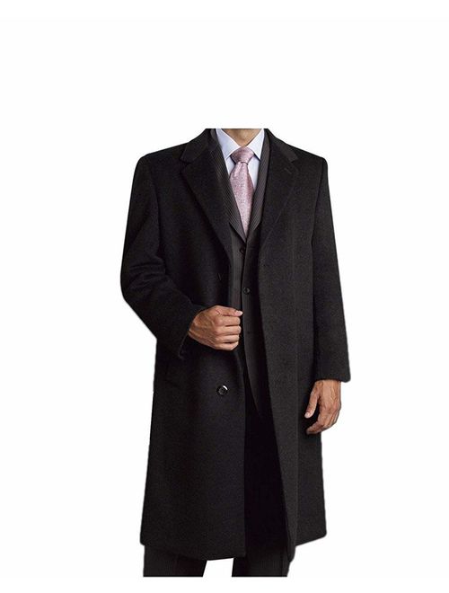 Prontomoda Men's Single Breasted Black Luxury Wool/Cashmere Full Length Topcoat